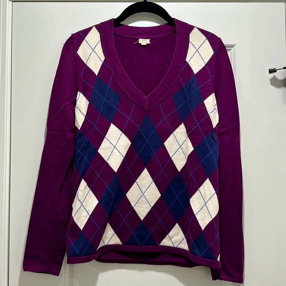 J Crew purple argyle v-neck sweater